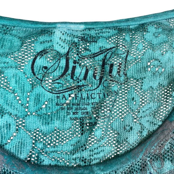 Sinful By Affliction Womens S Lace Tee Distressed Studded Wing Graphic Turquoise - Picture 3 of 16